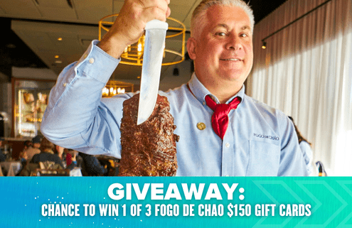 A man in a restaurant holds up a large skewer of grilled meat. Text at the bottom reads: “GIVEAWAY: Celebrate the Austin Marathon for a chance to win 1 of 3 Fogo de Chao $150 gift cards.”. Austin Marathon Half Marathon & 5K