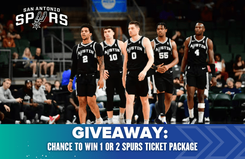 Five basketball players in black Austin Spurs uniforms stand on a court. Text overlay reads: "San Antonio Spurs. GIVEAWAY: Chance to win 1 or 2 Spurs ticket package during Launch Week. Don't miss out on these exclusive giveaways!. Austin Marathon Half Marathon & 5K
