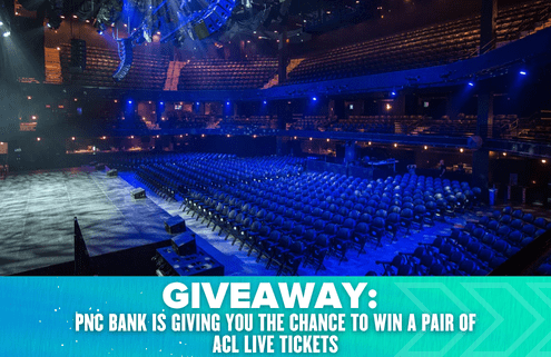 An empty concert hall with rows of seats and stage lighting. Text on a blue banner at the bottom reads: "GIVEAWAY: PNC Bank is giving you the chance to win a pair of ACL Live tickets during Austin Marathon weekend. Austin Marathon Half Marathon & 5K