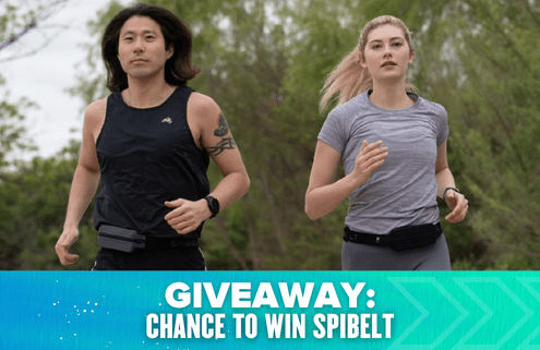 Two people wearing running outfits and SPIbelts jog outdoors, inspired by the Austin Marathon. A blue banner below reads, "GIVEAWAY: CHANCE TO WIN SPIBELT," with trees and greenery in the background. Austin Marathon Half Marathon & 5K