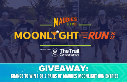 A group of runners start a race at dawn with the Maudie’s Moonlight Run 2025 logo in the center. Text below reads: "Giveaway: Chance to win 1 of 2 pairs of Maudie’s Moonlight Run entries. Run Austin and shine bright!. Austin Marathon Half Marathon & 5K