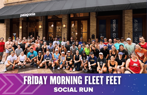 A large group of people in athletic wear pose and smile outside a Patagonia store, ready for a Run Austin event. A purple banner at the bottom reads "Friday Morning Fleet Feet Social Run. Austin Marathon Half Marathon & 5K