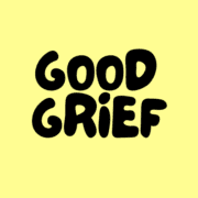 The words "GOOD GRIEF" in bold, black, rounded letters are centered on a pale yellow background, capturing the playful spirit of Austin running groups and the camaraderie found at free group runs. Austin Marathon Half Marathon & 5K