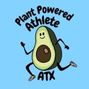 Cartoon avocado with a smiling face and arms and legs in running shoes, with the text "Plant Powered Athlete ATX" above and below on a light blue background—perfect for fans of Austin Group Runs and active lifestyles. Austin Marathon Half Marathon & 5K