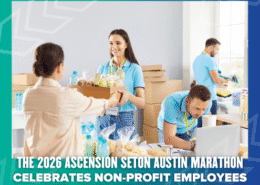 Four people pack food and bottled drinks at a volunteer center. A smiling woman hands a box to another. Text overlay promotes an exclusive Austin Marathon 2026 discount for non-profit employees. Austin Marathon Half Marathon & 5K