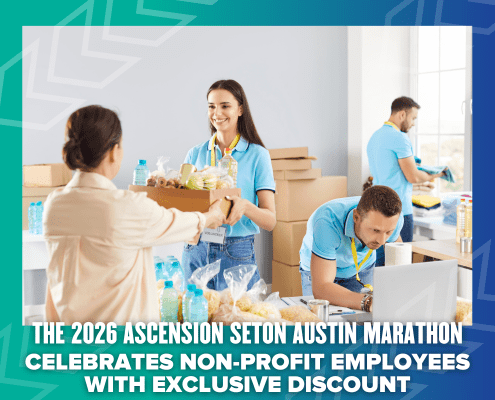 Four people pack food and bottled drinks at a volunteer center. A smiling woman hands a box to another. Text overlay promotes an exclusive Austin Marathon 2026 discount for non-profit employees. Austin Marathon Half Marathon & 5K