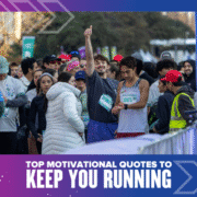 A group of runners stands at a race starting line, some smiling and chatting. One runner gives a thumbs up. The text reads: "Top motivational quotes to keep your running motivation high. Austin Marathon Half Marathon & 5K