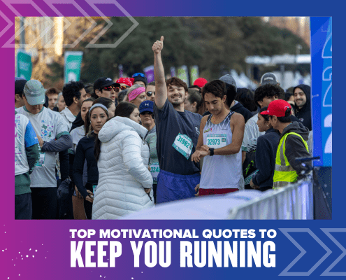 A group of runners stands at a race starting line, some smiling and chatting. One runner gives a thumbs up. The text reads: "Top motivational quotes to keep your running motivation high. Austin Marathon Half Marathon & 5K