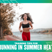 A woman in athletic wear runs along a riverside path on a warm day. Text on the image reads: "Training tips for running in summer heat. Austin Marathon Half Marathon & 5K