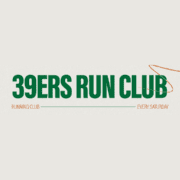 Bold green text reads "39ERS RUN CLUB" with smaller orange text below: "RUNNING CLUB" on the left and "EVERY SATURDAY" on the right—perfect for Austin running groups or anyone seeking free group runs. An orange curved line decorates the top right corner. Austin Marathon Half Marathon & 5K