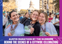 Three smiling runners proudly hold up their medals after completing the Austin Marathon, with the Texas State Capitol visible in the background and a citywide celebration unfolding around them. Austin Marathon Half Marathon & 5K