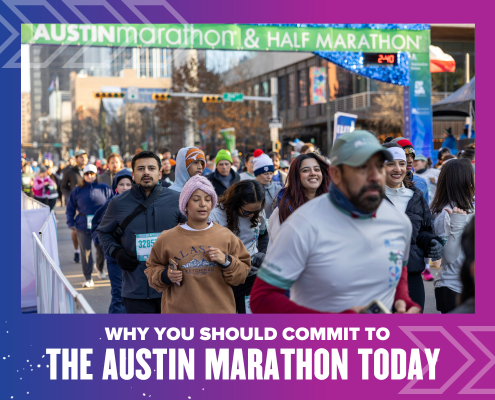 Crowd of runners cross the finish line at the Austin Marathon & Half Marathon. Text at the bottom says, "Why you should commit to this iconic Austin marathon today. Austin Marathon Half Marathon & 5K