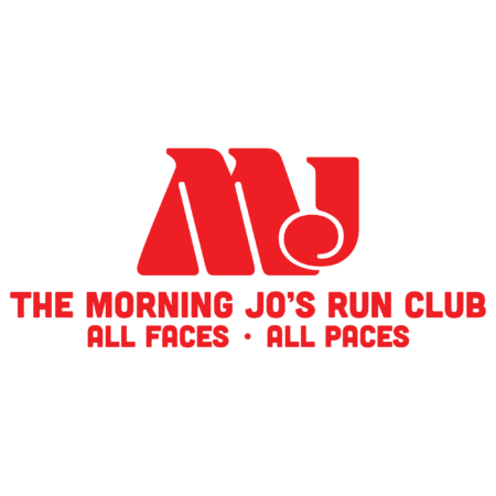 Red logo for "The Morning Jo’s Run Club" featuring stylized "MJ" letters above the slogan "ALL FACES · ALL PACES" on a black background, perfect for those seeking Austin running groups and free group runs. Austin Marathon Half Marathon & 5K