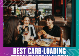 Three friends enjoy pizza and drinks at a restaurant in Austin, smiling and laughing together. The image is overlaid with the text “Best Carb-Loading Restaurants in Austin.”. Austin Marathon Half Marathon & 5K