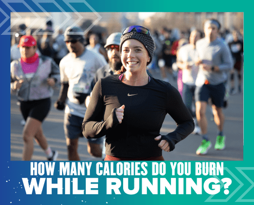 A smiling woman wearing a black shirt and knit headband runs in a race with other runners in the background. Bold text at the bottom reads, "Use a calories burn calculator to see how many running calories you burn. Austin Marathon Half Marathon & 5K