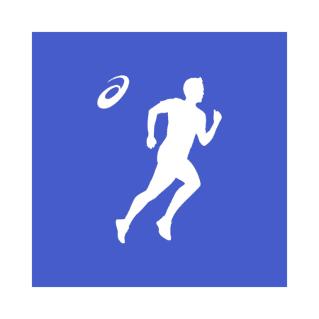 White silhouette of a person running on a blue background, with a circular logo resembling a swirl or an eye to the upper left—perfect for marathon training or celebrating your Austin Marathon journey. Austin Marathon Half Marathon & 5K