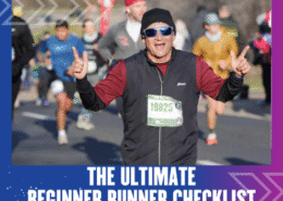 A smiling beginner runner wearing sunglasses and a black hat gives two thumbs up during a race, with other runners in the background. Text at the bottom reads: "The Ultimate Beginner Runner Checklist. Austin Marathon Half Marathon & 5K