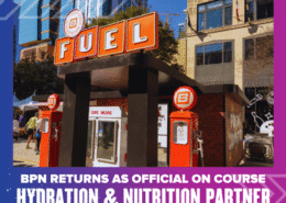 A BPN Fuel hydration and nutrition station with bright orange signage is set up outdoors in a city for the Ascension Seton Austin Marathon. Text below reads: "BPN returns as official on course hydration & nutrition partner. Austin Marathon Half Marathon & 5K
