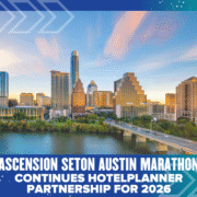 Downtown Austin skyline at sunset with skyscrapers and the river in the foreground. Text reads: "Ascension Seton Austin Marathon extends its HotelPlanner partnership for 2026. Austin Marathon Half Marathon & 5K