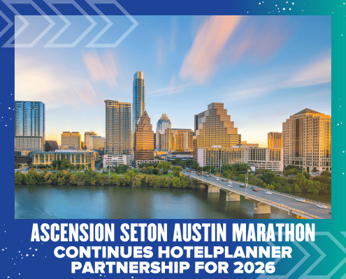 Downtown Austin skyline at sunset with skyscrapers and the river in the foreground. Text reads: "Ascension Seton Austin Marathon extends its HotelPlanner partnership for 2026. Austin Marathon Half Marathon & 5K