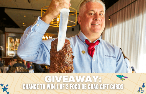A smiling server at Fogo de Chao holds up a large skewer of grilled meat. Text below: "GIVEAWAY: Chance to win 1 of 2 Fogo de Chao gift cards. Austin Marathon Half Marathon & 5K