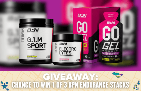 Three BPN Endurance products—G.1.M Sport powder, Electrolytes, and GO Gel packets—are displayed. Text below announces a Giveaway: "Chance to win 1 of 3 BPN Endurance Stacks. Austin Marathon Half Marathon & 5K