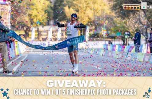 A runner crosses the marathon finish line with arms raised, surrounded by colorful confetti. Text below reads: "GIVEAWAY: Win 1 of 5 FinisherPix photo packages and relive your victory!. Austin Marathon Half Marathon & 5K