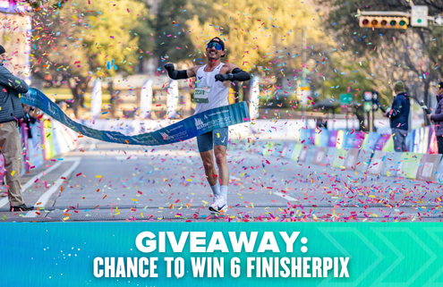A marathon runner celebrates while crossing the finish line, surrounded by colorful confetti, with a banner below reading, "GIVEAWAY: CHANCE TO WIN 6 FinisherPix photo packages. Austin Marathon Half Marathon & 5K