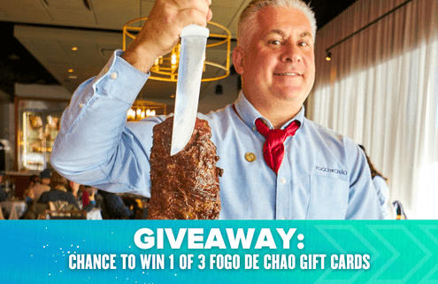 A smiling server at Fogo de Chao holds a large knife and skewer of grilled meat. Text below reads: "GIVEAWAY: CHANCE TO WIN 1 OF 3 FOGO DE CHAO GIFT CARDS. Austin Marathon Half Marathon & 5K