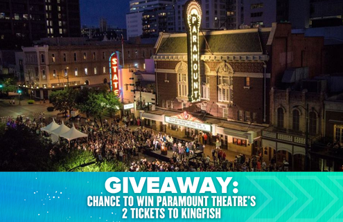 A lively crowd gathers outside the illuminated Paramount Theatre at night. Text overlay reads: “Giveaway: Your chance to win 2 tickets to Kingfish live at Paramount Theatre.”. Austin Marathon Half Marathon & 5K