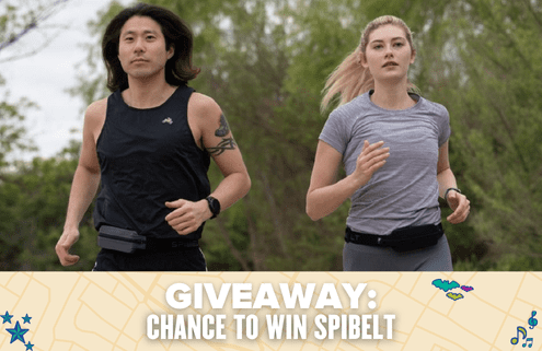 Two people are jogging outdoors, wearing SPIBELT running belts. Text at the bottom reads, "GIVEAWAY: CHANCE TO WIN SPIbelt" on a patterned background with doodles, announcing an exciting SPIbelt giveaway. Austin Marathon Half Marathon & 5K