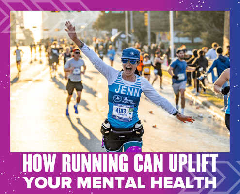 A smiling runner with arms outstretched celebrates during a race, surrounded by others. Text at the bottom reads: "Running can uplift your mental health. Austin Marathon Half Marathon & 5K