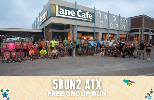 A large group of runners poses outside a building labeled “Lane Cafe” at dusk. Below them, a banner reads “5RUN2 Austin FREE GROUP RUN” on a map-themed background with small icons, celebrating the spirit of a group run. Austin Marathon Half Marathon & 5K