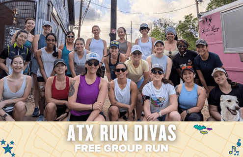A group of smiling women in athletic wear pose outdoors by a pink food truck. Text below reads "ATX Run Divas Free Group Run" on a map-themed background. A dog is visible on the right, highlighting this fun and free community group run. Austin Marathon Half Marathon & 5K