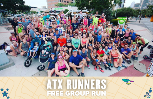 A large, diverse group of runners pose and smile together outdoors for a group photo. A banner below reads "ATX Runners Free Group Run" over a beige map-themed background with blue and green illustrations. Austin Marathon Half Marathon & 5K