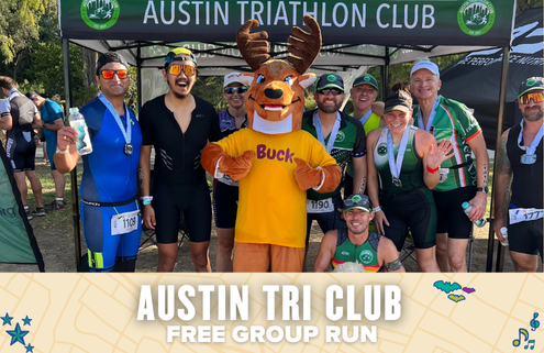 A group of smiling athletes pose together under an Austin Tri Club tent in Austin, joined by Buck the deer mascot. Text below reads: "Austin Tri Club – Free Group Run. Austin Marathon Half Marathon & 5K