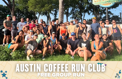 A large group of smiling people in athletic wear poses outdoors on grass under the sunlight. The Austin Coffee Run Club banner reads "Free Group Run." Trees and a sign complete the energetic Austin scene in the background. Austin Marathon Half Marathon & 5K