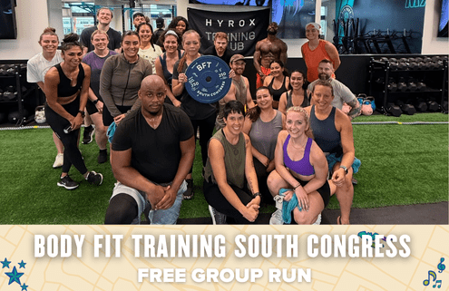 A diverse group of people in workout clothes pose and smile together inside a gym, holding a Body Fit Training sign. The text overlay reads: “Body Fit Training South Congress free group run. Austin Marathon Half Marathon & 5K A diverse group of people in workout clothes pose and smile together inside a gym, holding a Body Fit Training sign. The text overlay reads: "Body Fit Training South Congress free group run. Austin Marathon Half Marathon & 5K