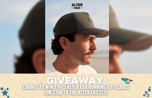 A man in a green cap looks into the distance. Text below reads: “GIFT CARD GIVEAWAY: Win $100 to spend on the Alter Ego Running site—3 lucky winners!” The Alter Ego logo appears above the man. Austin Marathon Half Marathon & 5K