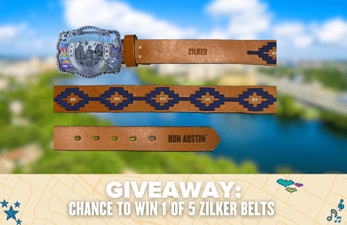 A graphic featuring a decorative Zilker Belt with southwestern patterns and "ZILKER" and "RUN AUSTIN." Text at the bottom announces a giveaway: your chance to win 1 of 5 stylish Zilker Belts!. Austin Marathon Half Marathon & 5K