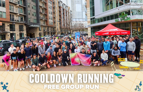 A large group of people poses together outside in front of apartments and a red tent for a Cooldown Running group run. Text at the bottom reads, “Cooldown Running Free Group Run.”. Austin Marathon Half Marathon & 5K