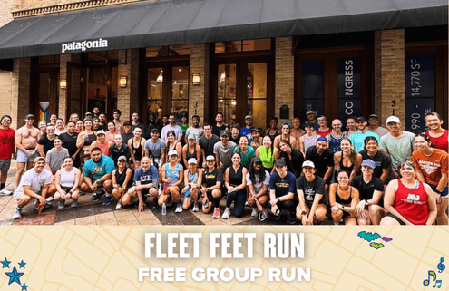A large group of people pose and smile outside a Patagonia store, ready for the Fleet Feet Run. A banner at the bottom reads “Fleet Feet Run – Free Group Run” with map and music graphics. Austin Marathon Half Marathon & 5K