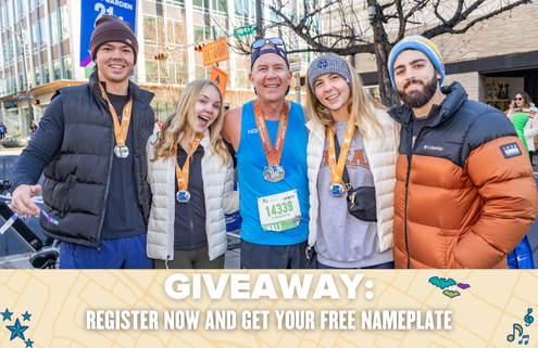 Five smiling people wearing medals pose together outdoors at a race event. The text below reads: "GIVEAWAY: Register now and get your Free NamePlate." Music notes and star icons decorate the banner. Austin Marathon Half Marathon & 5K