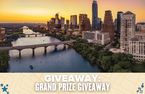 A sunset view of downtown Austin, Texas, with high-rise buildings and a river with multiple bridges. The text on the image reads "Giveaway: Enter now for a chance to win our Grand Prize Giveaway!. Austin Marathon Half Marathon & 5K