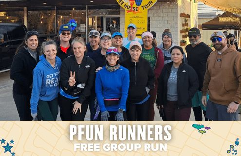 A group of smiling people in athletic wear pose outdoors in front of a building. Below them, text reads, “Pfun Runners Free Group Run,” highlighted over a decorative, map-themed border. Austin Marathon Half Marathon & 5K