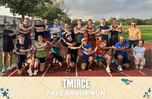 A diverse group of runners pose together on a track, smiling and making an “X” with their arms. The text overlay reads "TMIRCE FREE GROUP RUN," highlighting the spirit of a fun, free group run, with map graphics and music notes at the bottom. Austin Marathon Half Marathon & 5K