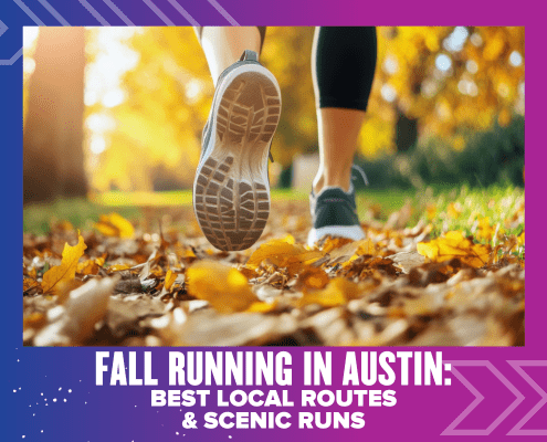 A close-up of a person’s running shoes on a leafy path during fall in Austin, with yellow leaves on the ground. Text reads: "Fall Running Austin: Best Local Routes & Scenic Runs. Austin Marathon Half Marathon & 5K