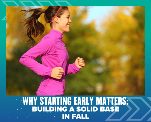 A woman in a pink jacket jogs outdoors on a sunny fall day. Text below reads, "Why starting early matters: Building a solid base in fall. Austin Marathon Half Marathon & 5K