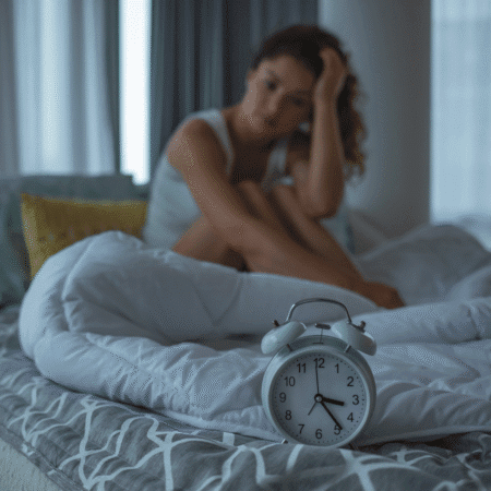 A woman sits on a bed looking tired or stressed, with her head resting on her hand. An alarm clock in the foreground shows 5:30. The dimly lit room highlights the importance of recovery and sleep for overall well-being. Austin Marathon Half Marathon & 5K