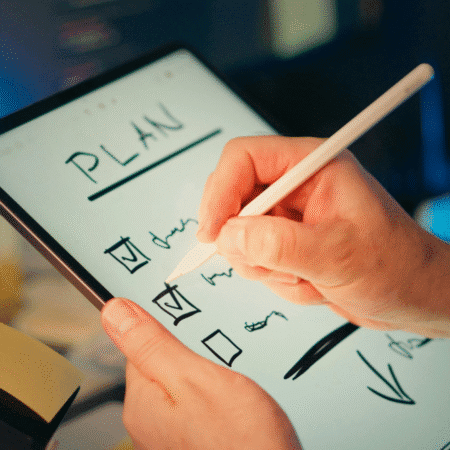 A person writes a checklist labeled “PLAN” on a tablet using a stylus. Several boxes are checked, and handwritten notes mention hydration strategies for long runs, suggesting digital planning for hot days or endurance activities. Austin Marathon Half Marathon & 5K